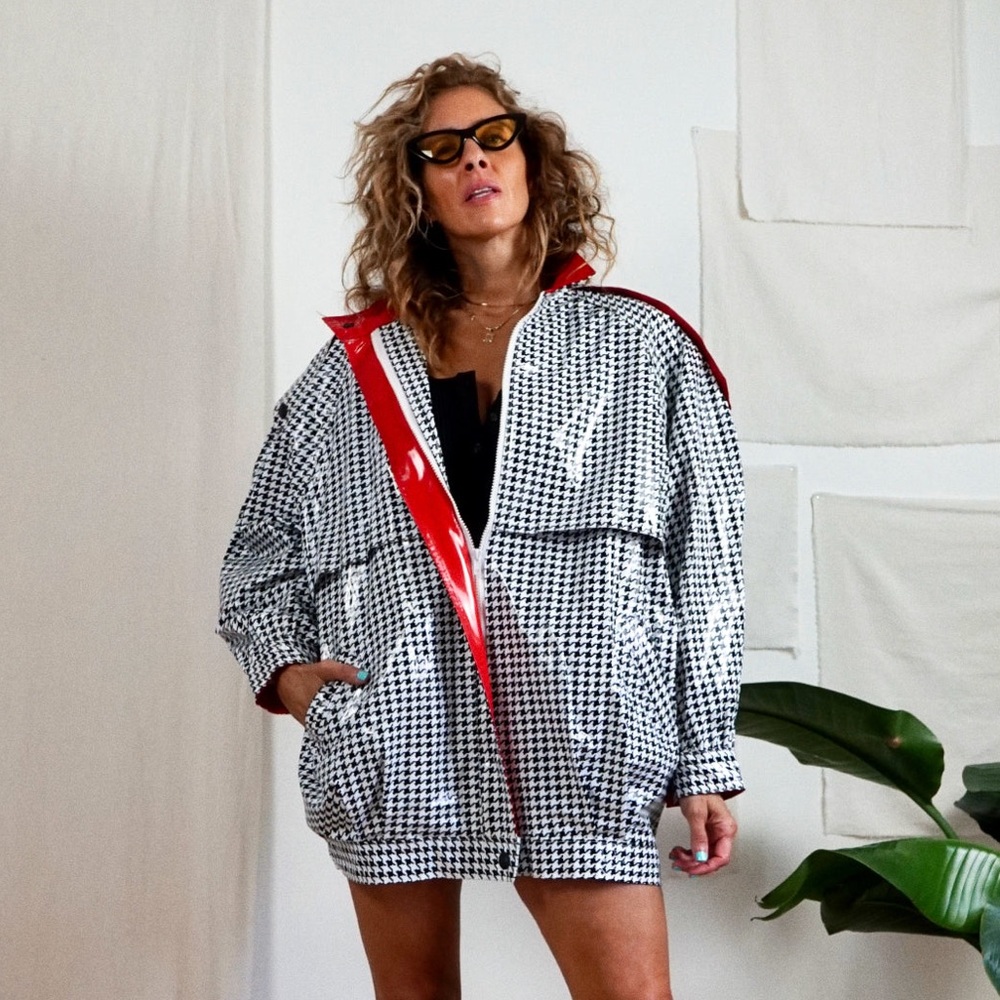 Vintage 80s houndstooth rain jacket with red accent size small Kenn Sporn
